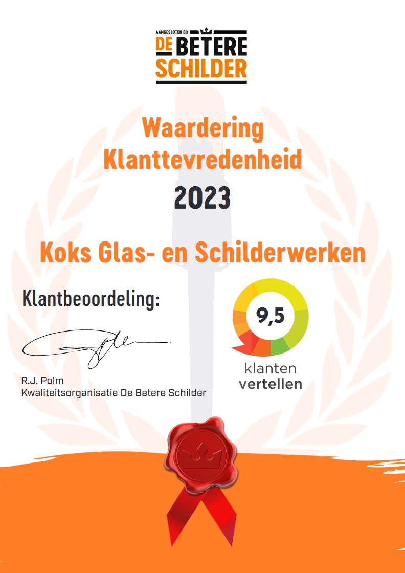 De Betere Schilder Klanttevredenheids Award 2023 - Koks Glas en Schilderwerken B.V.